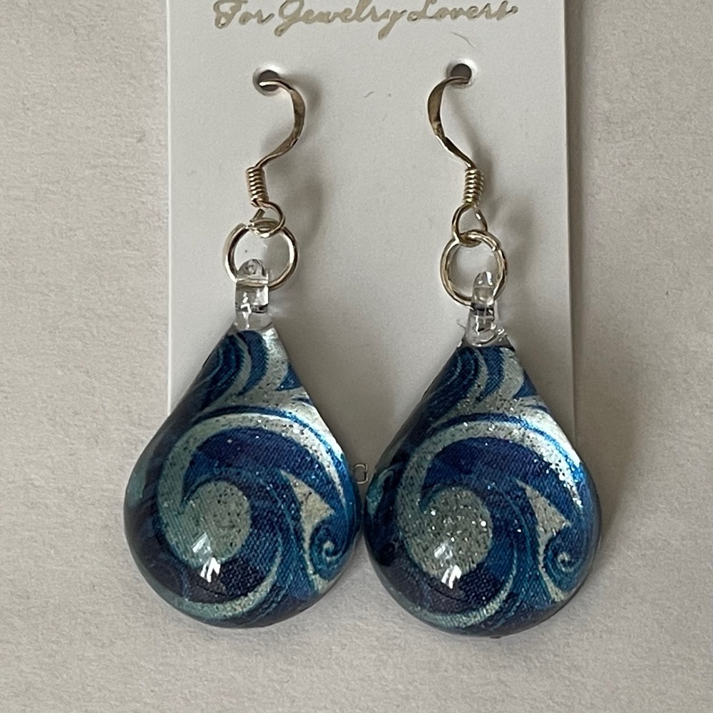 Chuvora sterling silver 925 blue sea wave design dangle hook earrings